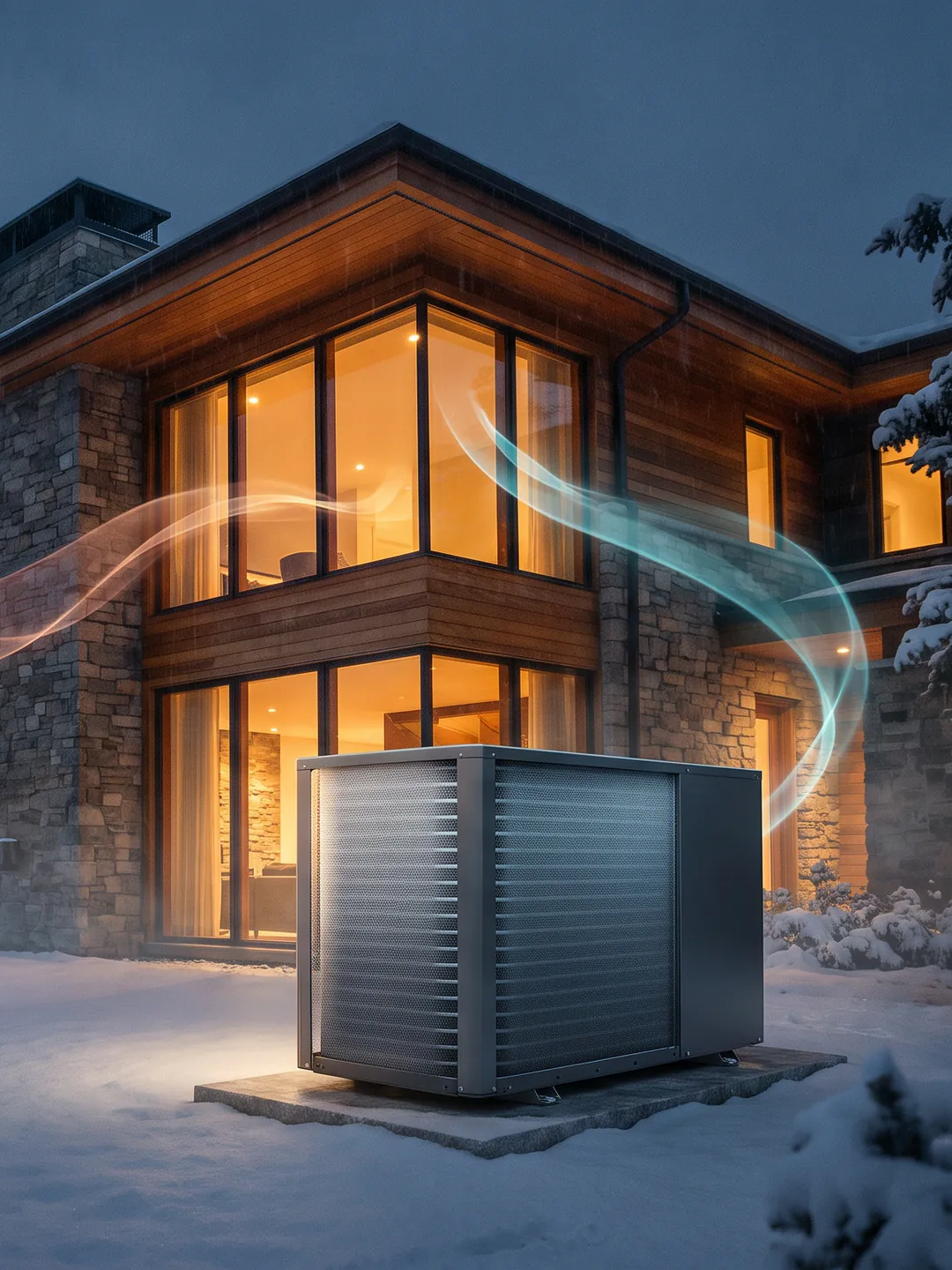Modern home at dusk with a heat pump outside